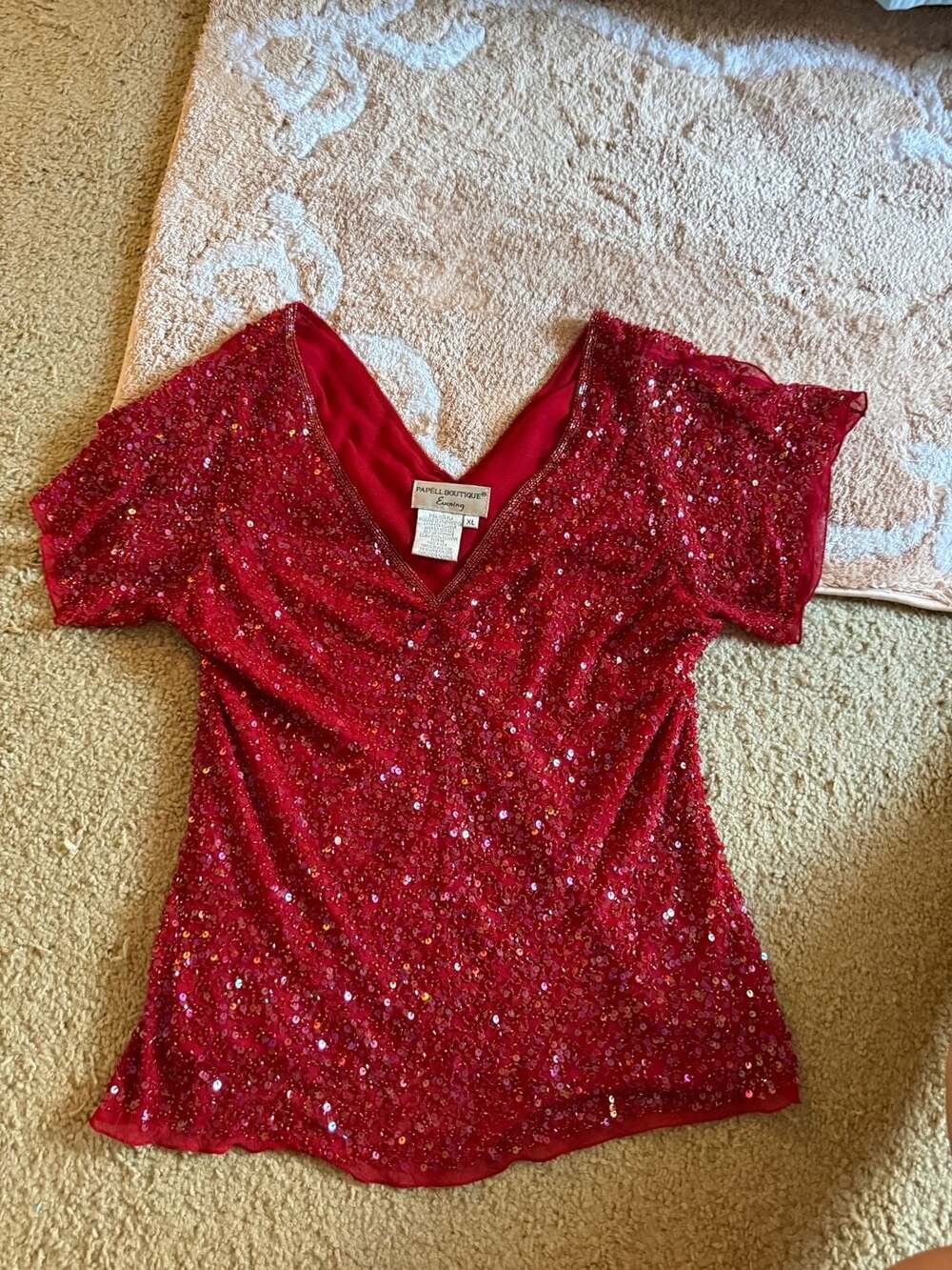 Papell Boutique Evening Red 100% Silk Sequin Beaded Blouse Top XL - Picture 12 of 13